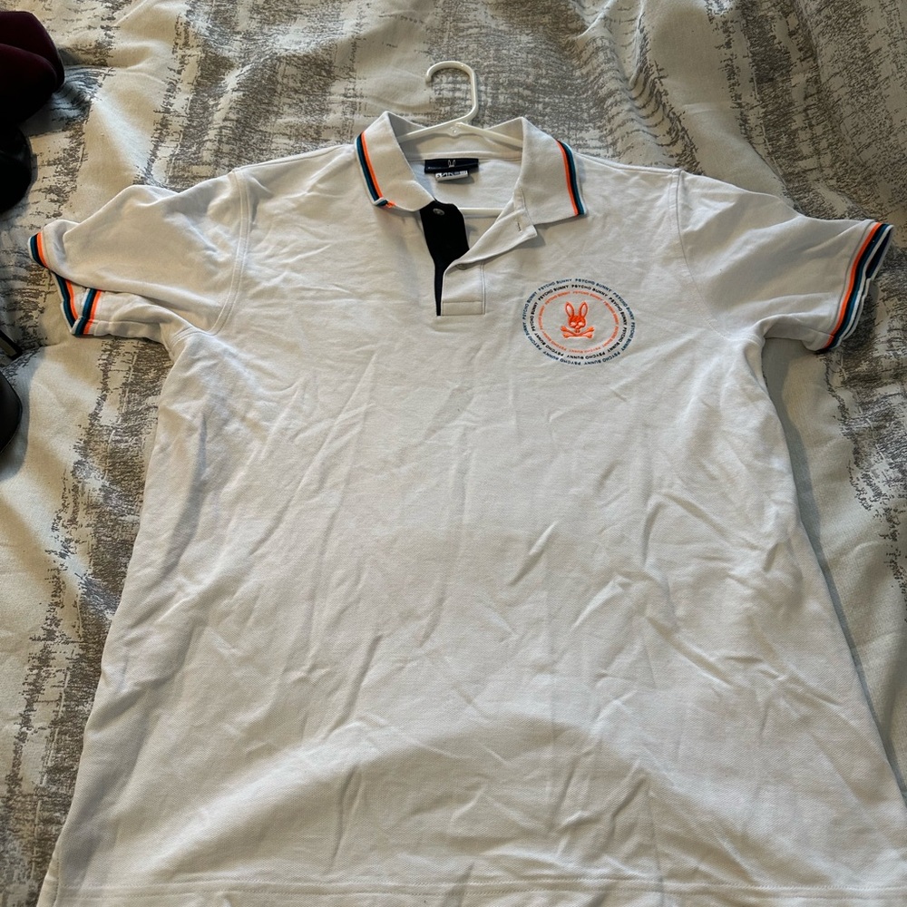 Psycho Bunny Polo Shirt Men Size S White Orange Embroidered Pima Cotton